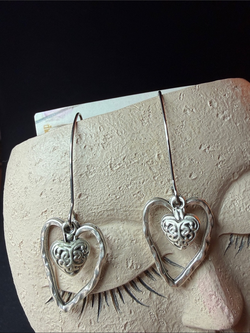 Silver Double Heart Dangle Earrings - Silver